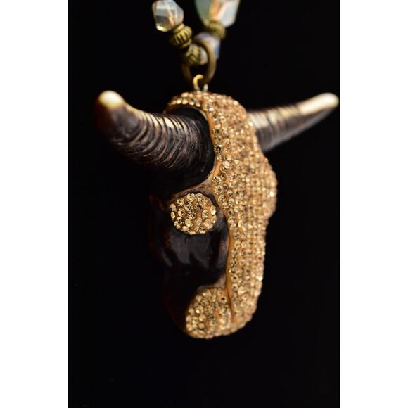 Vintage Crystal Bull Horn Necklace Pendant Iridescent Glass Beaded Chunky Bin6B - Picture 5 of 11